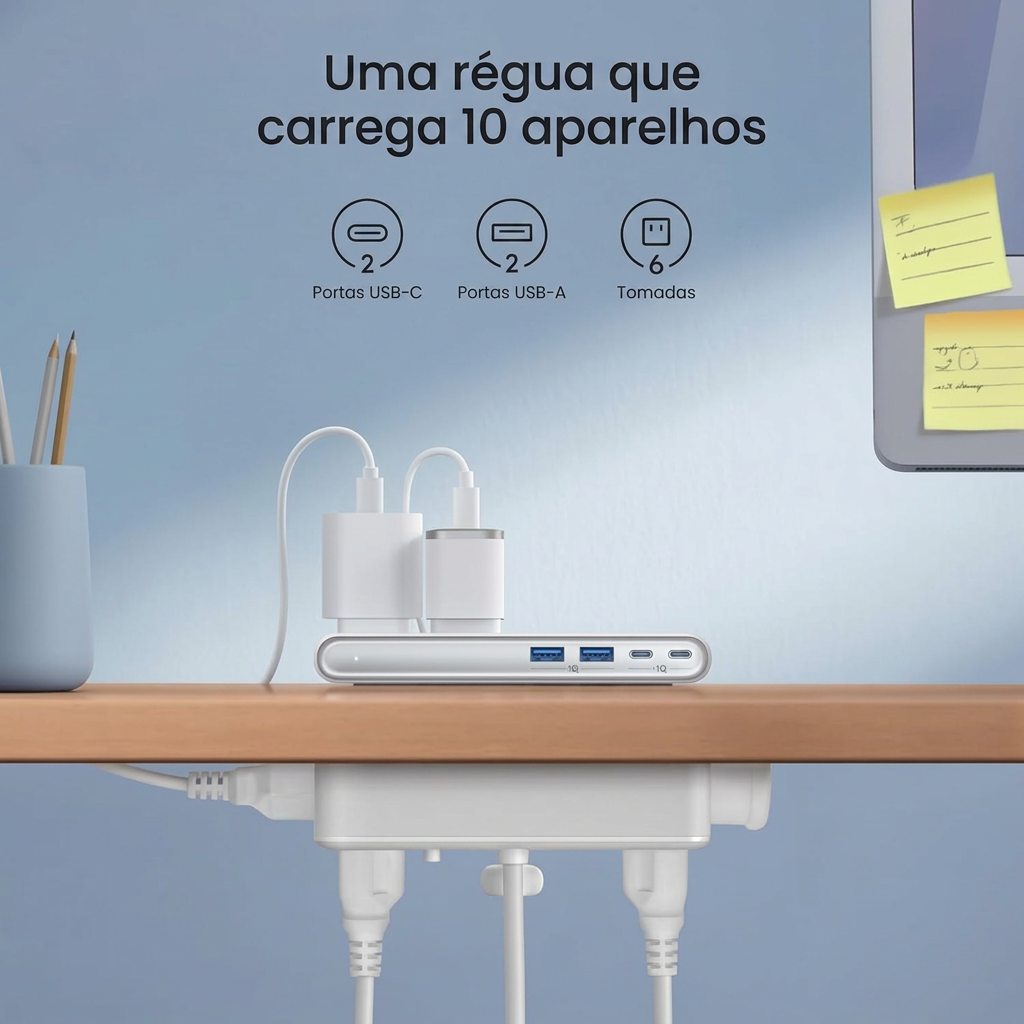 Régua com seis tomadas, duas portas USB-C e duas portas USB-A