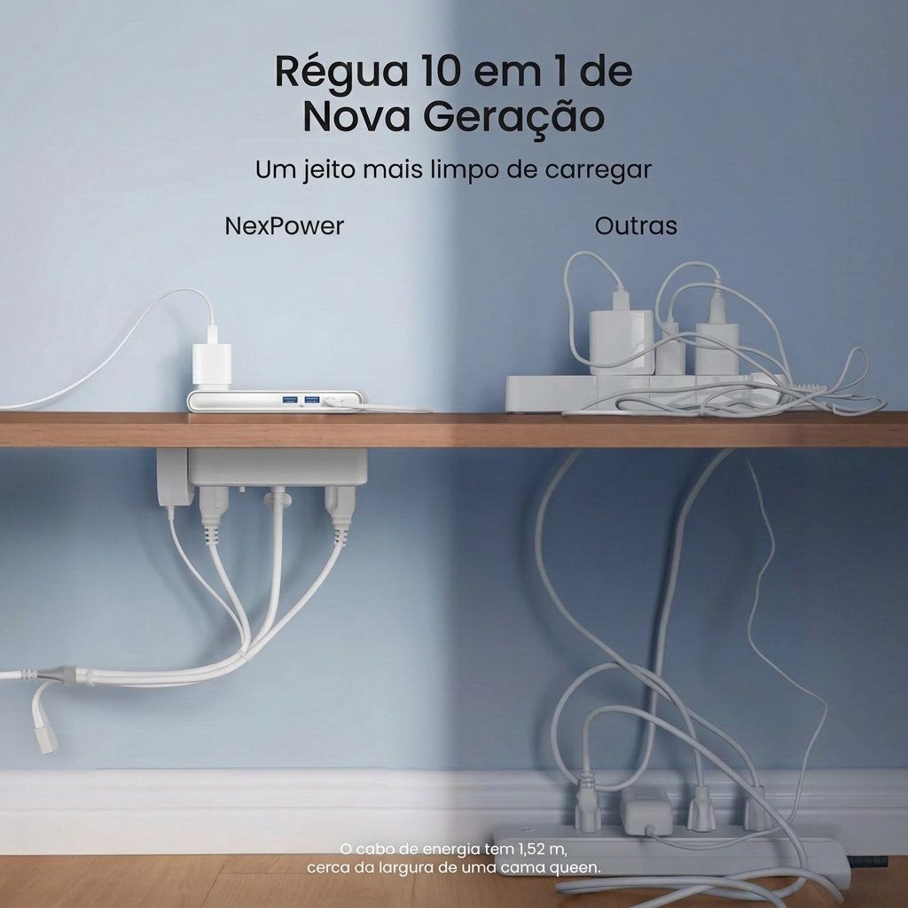 Comparativo entre a mesa organizada com Nexpower e réguas comuns com fios emaranhados